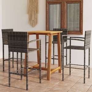 Kairi Outdoor Wooden Bar Table With 4 Grey Poly Rattan Stools