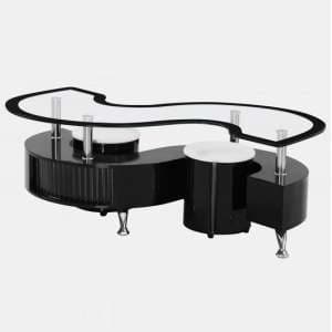 Kalida Glass Coffee Table With 2 Stool In Black High Gloss Base - UK