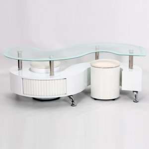 Kalida Glass Coffee Table With 2 Stool In White High Gloss Base - UK