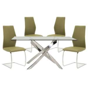 Kamal Clear Glass Dining Table With 4 Bernie Olive Chairs