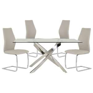 Kamal Clear Glass Dining Table With 4 Bernie Taupe Chairs