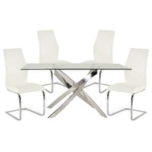 Kamal Clear Glass Dining Table With 4 Bernie White Chairs