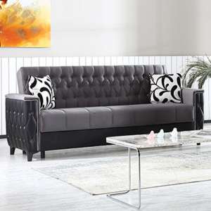 Kanata Plush Velvet Storage 3 Seater Sofa Bed In Grey And Black - UK