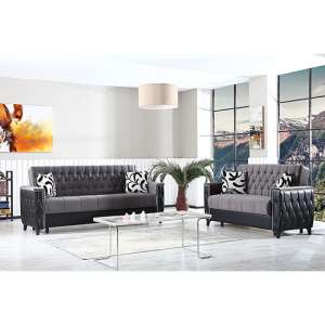 Kanata Plush Velvet Storage 3+2 Seater Sofa Beds In Grey Black - UK