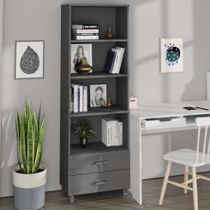 Kathy Solid Pinewood Bookcase With 2 Drawers In Dark Grey