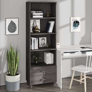 Kathy Solid Pinewood Bookcase With 2 Drawers In Light Grey