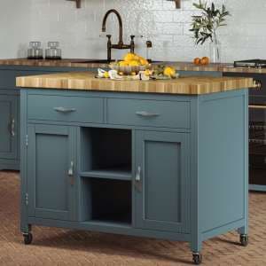 Kavala Wooden Kitchen Island With Butchers Block In Blue - UK