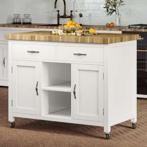 Kavala Wooden Kitchen Island With Butchers Block In White - UK