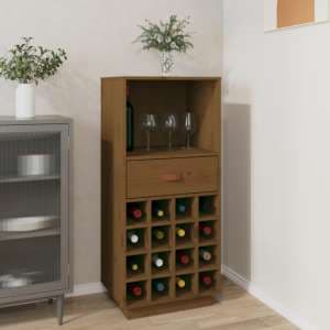 Keller Solid Pine Wood Wine Cabinet With Drawer In Honey Brown - UK