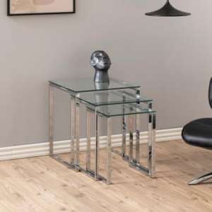 Kennesaw Clear Glass Nest Of 3 Tables With Chrome Frame - UK