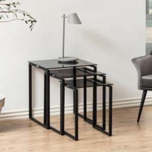 Kennesaw Smoked Glass Nest Of 3 Tables With Matt Black Frame - UK