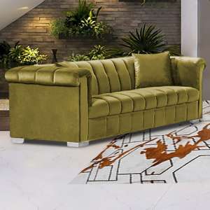 Kenosha Malta Plush Velour Fabric 3 Seater Sofa In Grass - UK