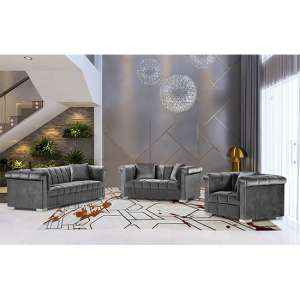 Kenosha Malta Plush Velour Fabric Sofa Suite In Grey - UK