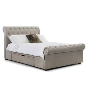 Rahela Chenille Fabric King Size Bed In Mink With 2 Drawers - UK
