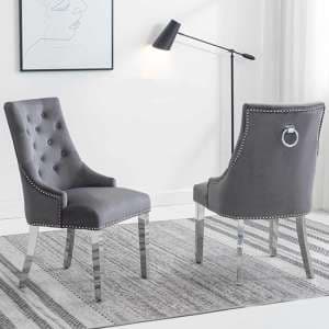 Kepro Knocker Dark Grey Velvet Dining Chairs In Pair