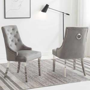 Kepro Knocker Light Grey Velvet Dining Chairs In Pair