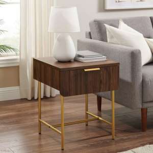 Kinder Wooden Side Table With 1 Drawer In Dark Walnut And Gold