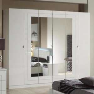 Kinsella Mirrored Wardrobe In Laquered White With Six Doors