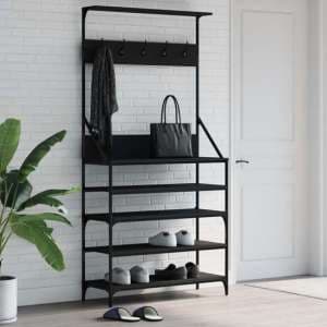 Kinston Wooden Clothes Rack With Shoe Storage In Black - UK