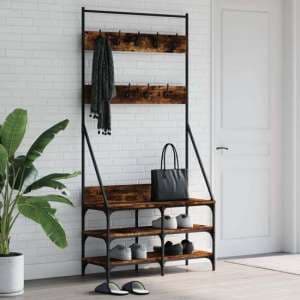 Kinston Wooden Clothes Rack With Shoe Storage In Smoked Oak - UK