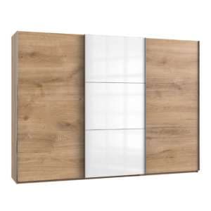 Koyd Mirrored Sliding Wardrobe In White And Planked Oak 3 Doors