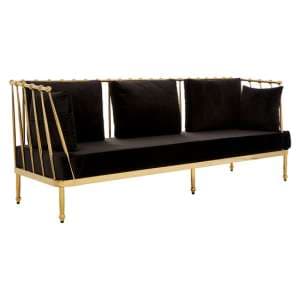 Kurhah Black Velvet 3 Seater Sofa With Gold Tapered Frame
