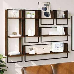 Lagos Wooden Wall Shelf With 6 Compartments In Brown Oak - UK