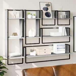 Lagos Wooden Wall Shelf With 6 Compartments In Grey Sonoma Oak - UK