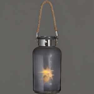 Lair Small Frosted Grey Glass Lantern With Rope And Interior LED