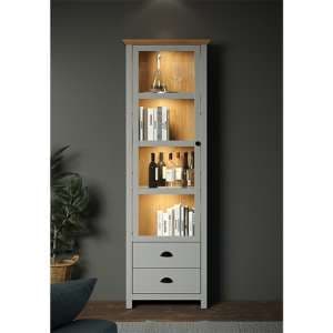 Lajos Wooden Narrow Display Cabinet In Light Grey With LED - UK
