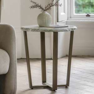 Larnaca Wooden Side Table Round In Green Faux Marble Effect - UK