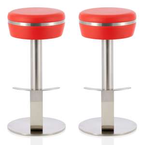 Latos Red Faux Leather Fixed Bar Height Bar Stools In Pair - UK
