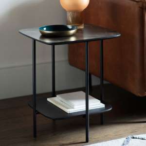 Leadwort Wooden Side Table In Black Marble Effect - UK