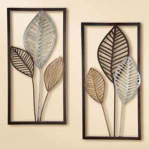 Leaves Metal Set Of 2 Wall Art In Brown And Gold Silver - UK