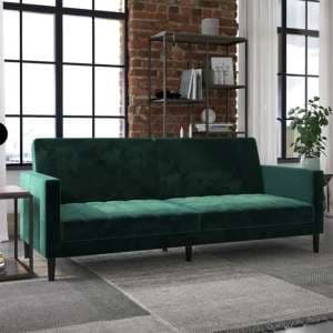 Leeds Velvet Futon Sofa Bed In Green With Solid Wood Legs - UK