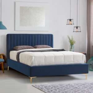 Lenox Velvet Fabric King Size Bed In Blue With Gold Metal Legs - UK
