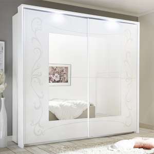 Lerso LED Sliding Door Mirrored Wardrobe In Serigraphed White