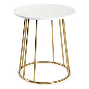 Lewiston Round White Marble Side Table With Gold Metal Frame