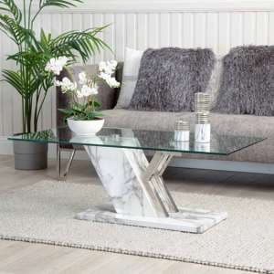 Lisle Glass Coffee Table With White Marble Effect Wooden Frame