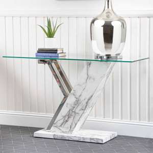 Lisle Glass Console Table With White Marble Effect Wooden Frame - UK