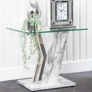 Lisle Glass End Table With White Marble Effect Wooden Frame