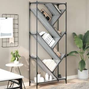 Looe Wooden Bookcase With Metal Frame In Grey Sonoma - UK
