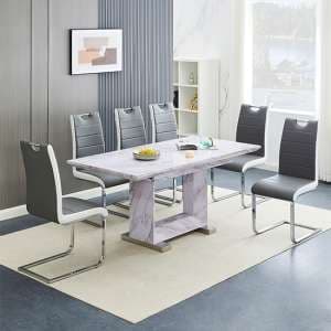 Lorence Extending Grey Dining Table 6 Petra Grey White Chairs