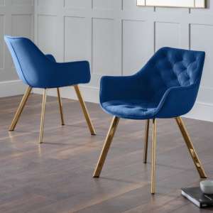Landen Blue Velvet Dining Chairs With Gold Legs In Pair