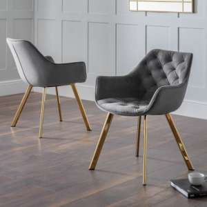 Landen Grey Velvet Dining Chairs With Gold Legs In Pair