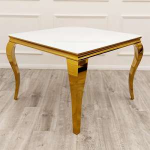 Laval Square White Glass Dining Table With Gold Curved Legs - UK