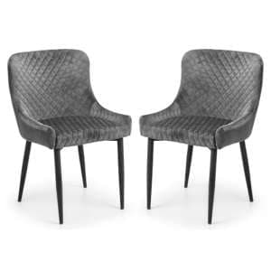 Lakia Grey Velvet Dining Chairs With Black Legs In Pair