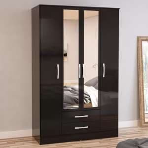 Lynn Mirrored Wardrobe With 4 Door In Black High Gloss