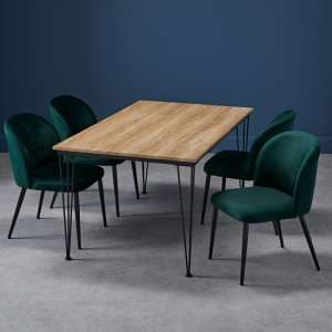 Lyza Medium Oak Wooden Dining Table With 4 Zazie Green Chairs