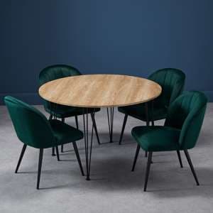 Lyza Round Oak Wooden Dining Table With 4 Opie Green Chairs